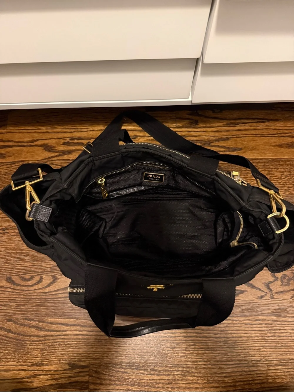PRADA Vintage Black Nylon Diaper / Baby Bag with Gold Hardware + Dust Bag